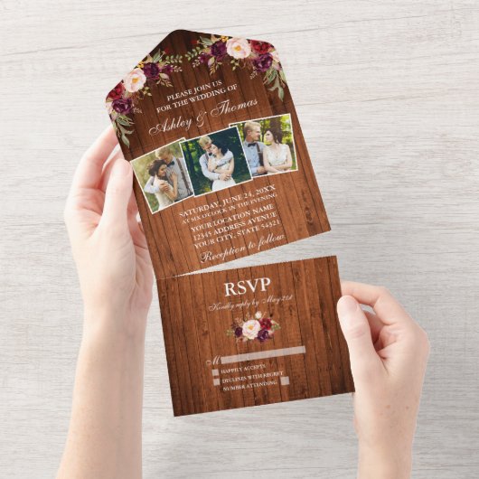 Rustikales Hochzeitburgund Blumenholz 3 Foto All In One Einladung (Abreißen)