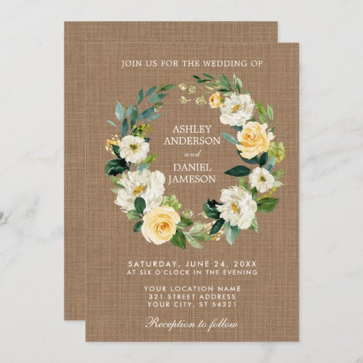 Rustikales Hochzeitburlap-Gelbe Weiße Blumenreste Einladung (Vorne/Hinten)