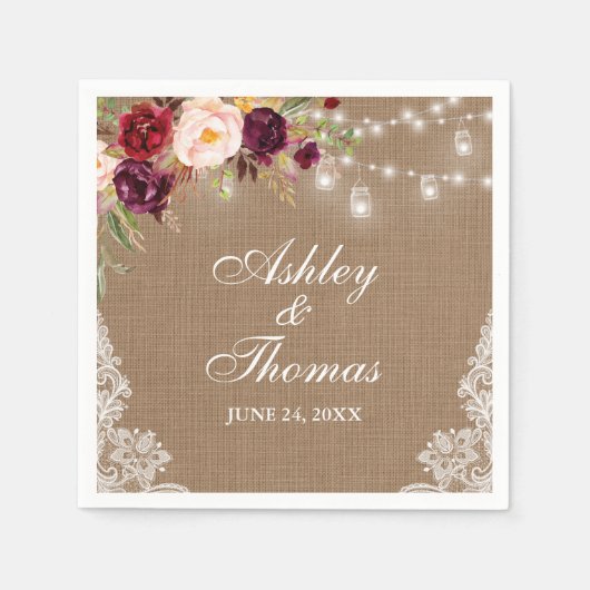 Rustikales Hochzeitburlap Jar Lights Floral Lace Serviette (Vorderseite)