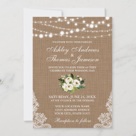 Rustikales Hochzeitburlap Lights Floral Invite G Einladung (Vorderseite)