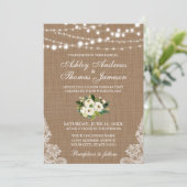 Rustikales Hochzeitburlap Lights Floral Invite G Einladung (Stehend Vorderseite)