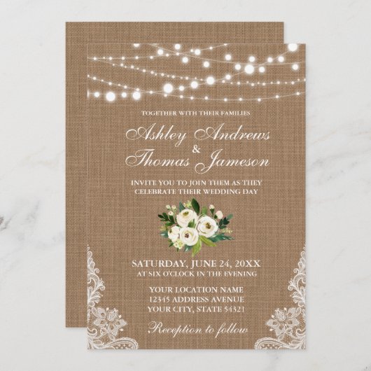 Rustikales Hochzeitburlap Lights Floral Invite G Einladung (Vorne/Hinten)