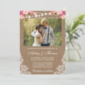 Rustikales Hochzeitburlap Lights Lace Floral Foto Einladung (Stehend Vorderseite)