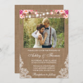 Rustikales Hochzeitburlap Lights Lace Floral Foto Einladung (Vorne/Hinten)