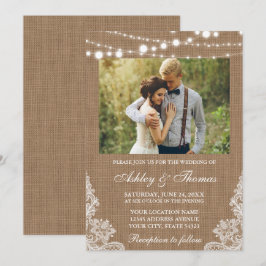 Rustikales Hochzeitburlap Lights Lace Foto Einladung