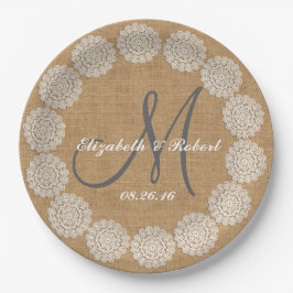 Rustikales Hochzeitburlap Monogram Names Lace Pappteller