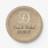 Rustikales Hochzeitburlap-Name Datum Monogramm Pappteller (Vorderseite)