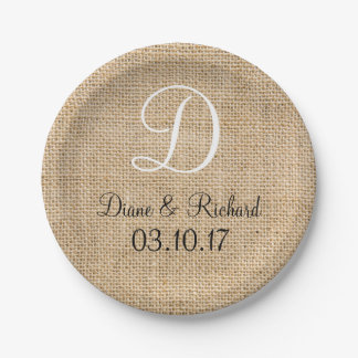 Rustikales Hochzeitburlap-Name Datum Monogramm Pappteller