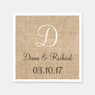 Rustikales Hochzeitburlap-Name Datum Monogramm Serviette