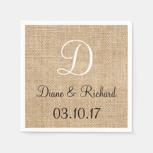 Rustikales Hochzeitburlap-Name Datum Monogramm Serviette (Vorderseite)