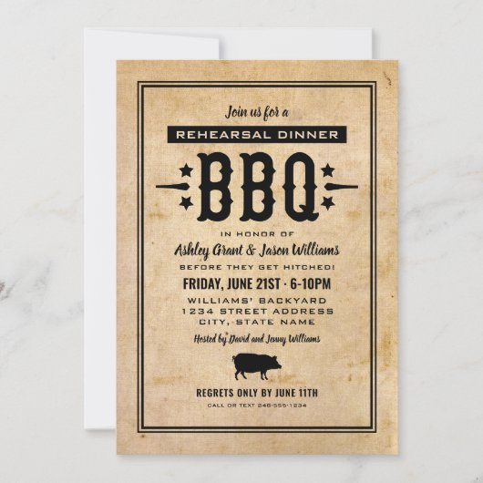 Rustikales Hochzeitessen Probe Dinner GRILLEN Einladung (Vorderseite)