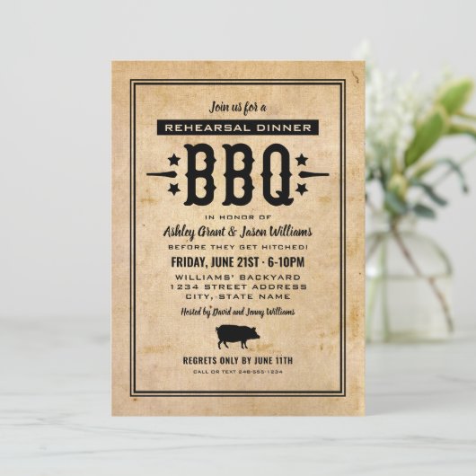 Rustikales Hochzeitessen Probe Dinner GRILLEN Einladung (Stehend Vorderseite)