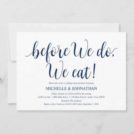 Rustikales Hochzeitessen, Probe Navy Blue Einladung (Vorderseite)
