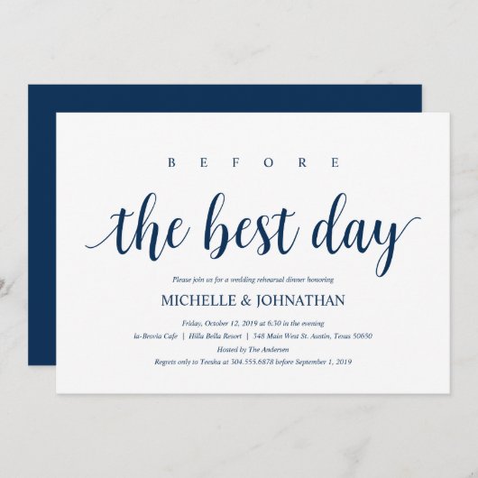 Rustikales Hochzeitessen, Probe Navy Blue Einladung (Vorne/Hinten)