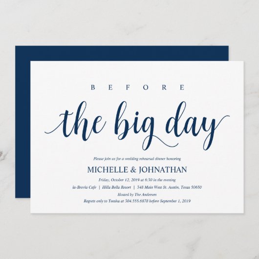 Rustikales Hochzeitessen, Probe Navy Blue Einladung (Vorne/Hinten)