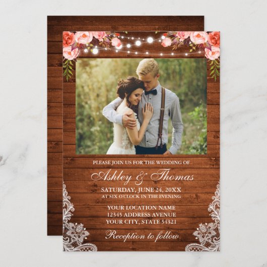 Rustikales Hochzeitkorallenblumenholz Leuchten Spi Einladung (Vorne/Hinten)