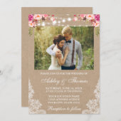 Rustikales Hochzeitlicht Lace Floral Foto Kraft Einladung (Vorne/Hinten)