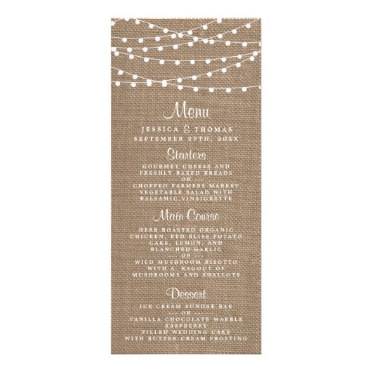 Rustikales Hochzeitmenü für Burlap-String-Lichter Werbekarte (Vorne)