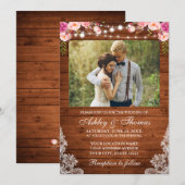 Rustikales Hochzeitrosa, florales Foto mit Lichter Einladung (Vorne/Hinten)