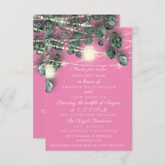 Rustikales Hochzeitrosa Gold Confetti Jars Lights Einladung (Vorne/Hinten)