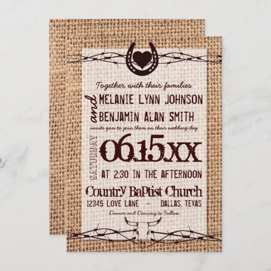 Rustikales Hochzeitsband, Druck mit Stacheldraht Einladung (Vorne/Hinten)