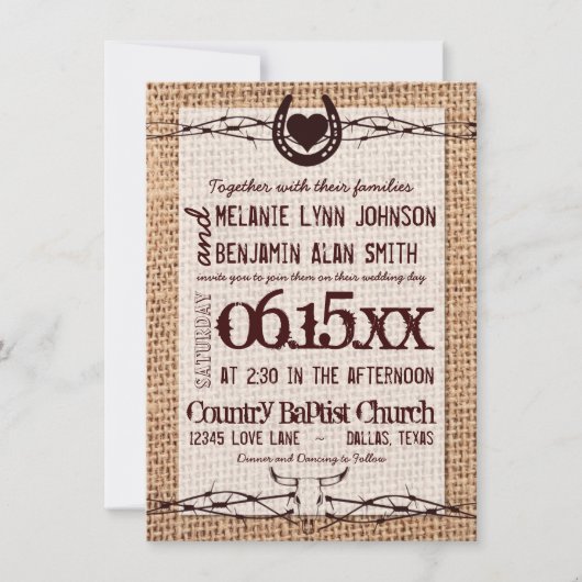 Rustikales Hochzeitsband, Druck mit Stacheldraht Einladung (Vorderseite)