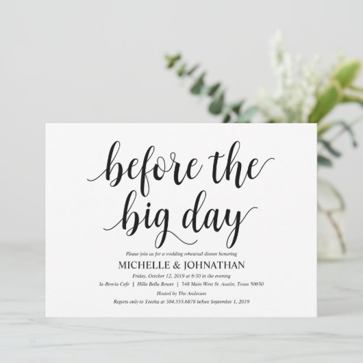 Rustikales Hochzeitsessen Probe Einladungskarten (Stehend Vorderseite)