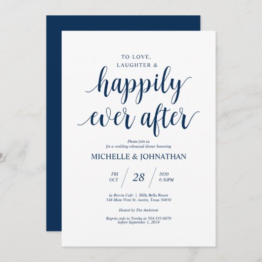 Rustikales Hochzeitsessen, Probe, Marineblau Einladung (Vorne/Hinten)