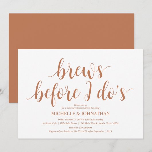 Rustikales Hochzeitsessen, Probe, moderne Kupfer Einladung (Vorne/Hinten)