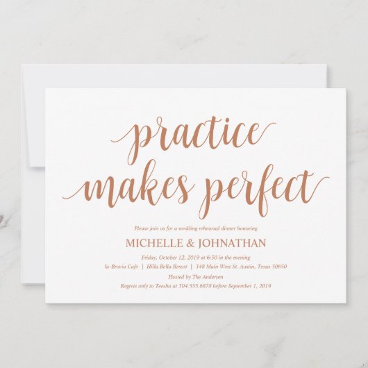 Rustikales Hochzeitsessen, Probe, moderne Kupfer Einladung (Vorderseite)