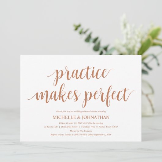 Rustikales Hochzeitsessen, Probe, moderne Kupfer Einladung (Stehend Vorderseite)