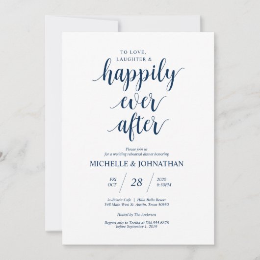 Rustikales Hochzeitsessen, Probe Navy Blue Einladung (Vorderseite)