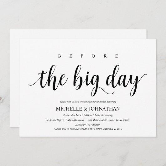 Rustikales Hochzeitsessen Probe, Schwarz und Weiß Einladung (Vorne/Hinten)