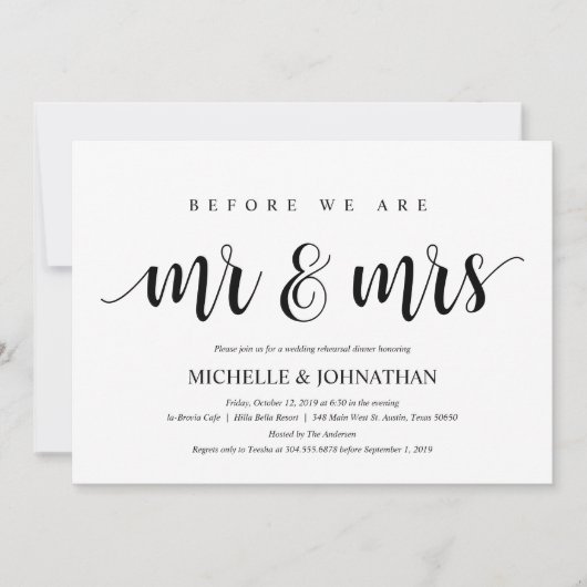 Rustikales Hochzeitsessen Probe, Schwarz und Weiß Einladung (Vorderseite)