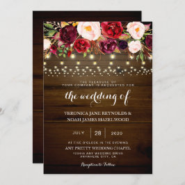 Rustikales Hochzeitsholz beleuchtet Burgund-Flora Einladung