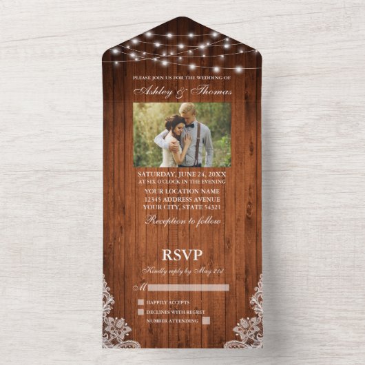 Rustikales Hochzeitsholz-Foto All In One Einladung (Innen Boden)