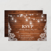 Rustikales Hochzeitsholz Jar String Lights Lace UA RSVP Karte (Vorne/Hinten)