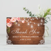 Rustikales Hochzeitsholz Korallenblume Jar Lights Dankeskarte (Stehend Vorderseite)