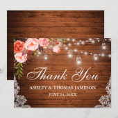 Rustikales Hochzeitsholz Korallenblume Jar Lights Dankeskarte (Vorne/Hinten)