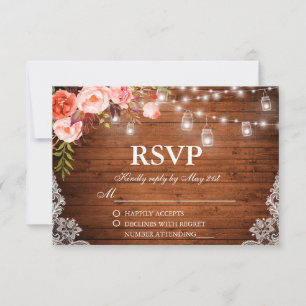 Rustikales Hochzeitsholz Korallenleuchten Jars UAW RSVP Karte