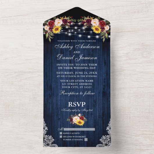 Rustikales Hochzeitsholz mit blauen, gemischten Bl All In One Einladung (Innen Boden)