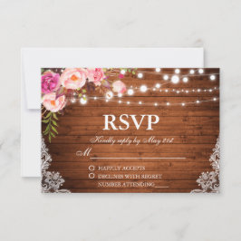 Rustikales Hochzeitsholz mit blühenden Lichtern La RSVP Karte