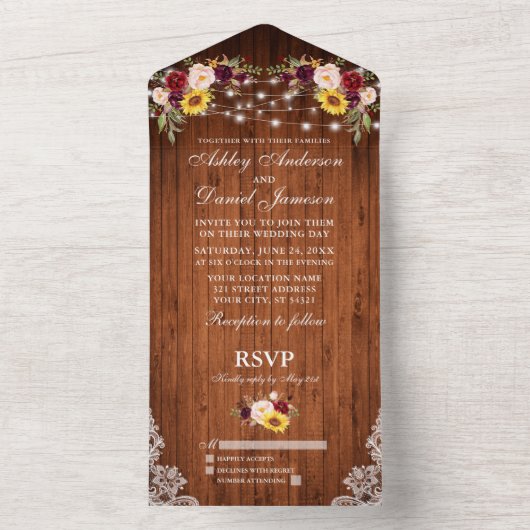 Rustikales Hochzeitsholz mit gemischtem Blumenholz All In One Einladung (Innen Boden)