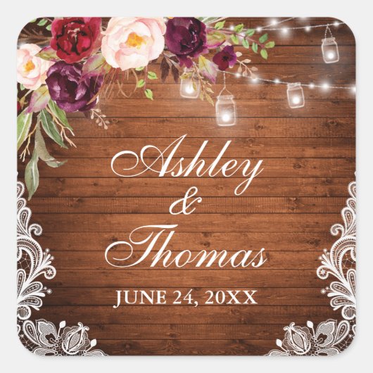 Rustikales Hochzeitsholz Quadratischer Aufkleber (Vorderseite)