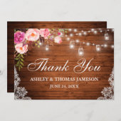 Rustikales Hochzeitsholz Rosa Blumenwein Dankeskarte (Vorne/Hinten)