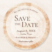 Rustikales Hochzeitsholz Save the Date Runder Pappuntersetzer (Vorderseite)