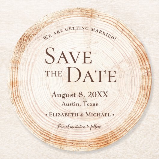Rustikales Hochzeitsholz Save the Date Runder Pappuntersetzer (Vorderseite)