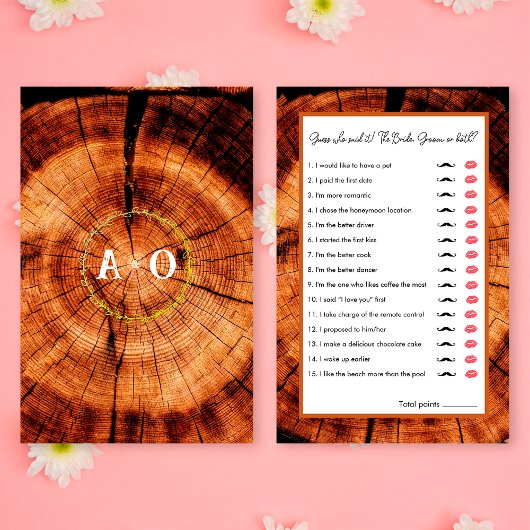 Rustikales Hochzeitsholz schätzen, wer Brautparty