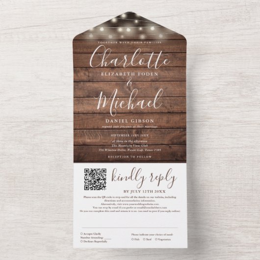 Rustikales Hochzeitslicht von Holzstring Lights QR All In One Einladung (Innen Boden)