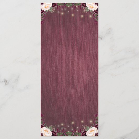 Rustikales Hochzeitsmenü für Burgunder Holz- und S Menükarte (Rückseite)